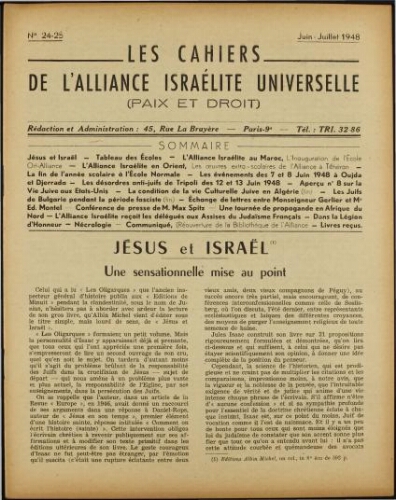 Les Cahiers de l'Alliance Israélite Universelle (Paix et Droit).  N°24-25 (01 juin 1948)